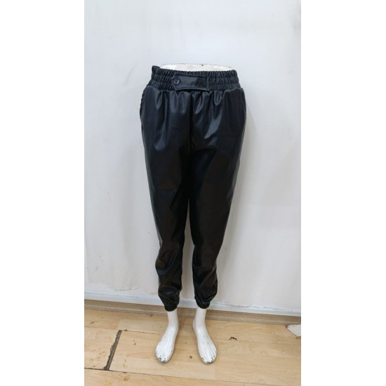 Kadın Yüksek Bel Lastikli önü Düğmeli Deri Pantolon , 29403