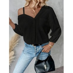 Kadın Tek Omuzdan Açık Askılı Uzun Kollu Yakalı önden Düğmeli Gömlek, 29402