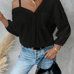 Kadın Tek Omuzdan Açık Askılı Uzun Kollu Yakalı önden Düğmeli Gömlek, 29402