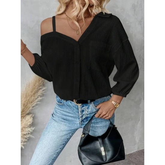 Kadın Tek Omuzdan Açık Askılı Uzun Kollu Yakalı önden Düğmeli Gömlek, 29402