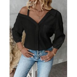 Kadın Tek Omuzdan Açık Askılı Uzun Kollu Yakalı önden Düğmeli Gömlek, 29402