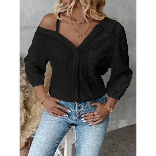 Kadın Tek Omuzdan Açık Askılı Uzun Kollu Yakalı önden Düğmeli Gömlek, 29402