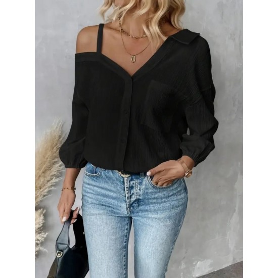 Kadın Tek Omuzdan Açık Askılı Uzun Kollu Yakalı önden Düğmeli Gömlek, 29402