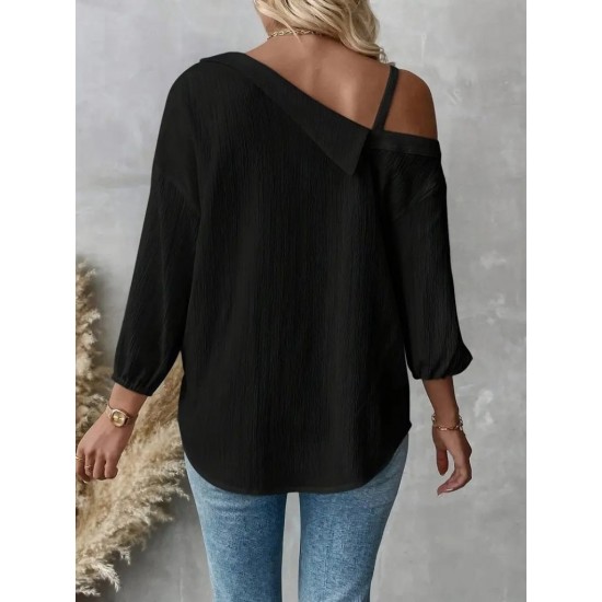 Kadın Tek Omuzdan Açık Askılı Uzun Kollu Yakalı önden Düğmeli Gömlek, 29402