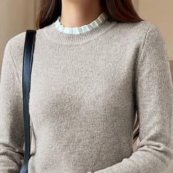 Kadın Uzun Kollu Fırfırlı Yakalı Triko Krem Bluz , 29407