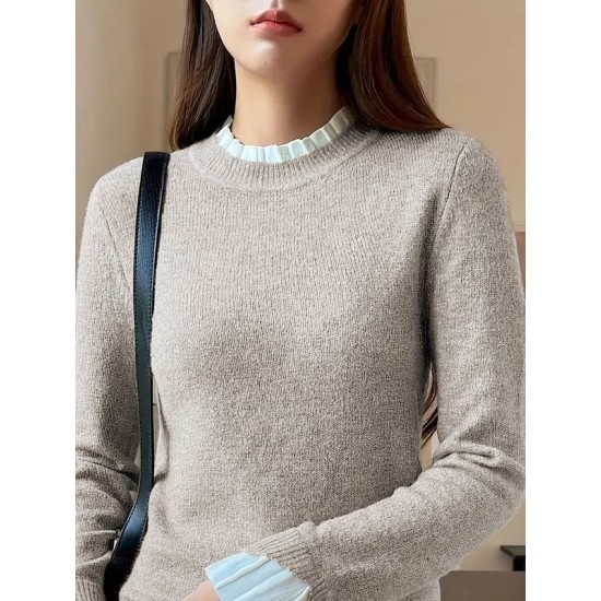 Kadın Uzun Kollu Fırfırlı Yakalı Triko Krem Bluz , 29407