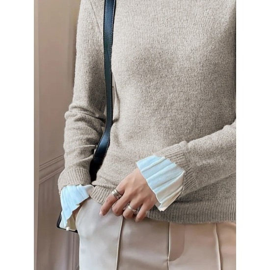 Kadın Uzun Kollu Fırfırlı Yakalı Triko Krem Bluz , 29407