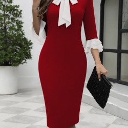 Kadın Truvakar Kollu Fiyonk Yakalı Midi Ithal Krep Elbise , 29415