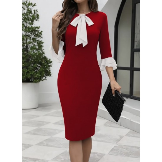 Kadın Truvakar Kollu Fiyonk Yakalı Midi Ithal Krep Elbise , 29415