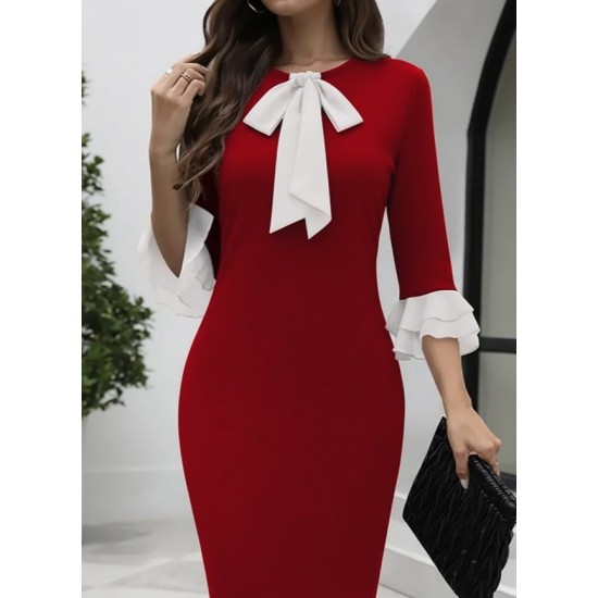 Kadın Truvakar Kollu Fiyonk Yakalı Midi Ithal Krep Elbise , 29415