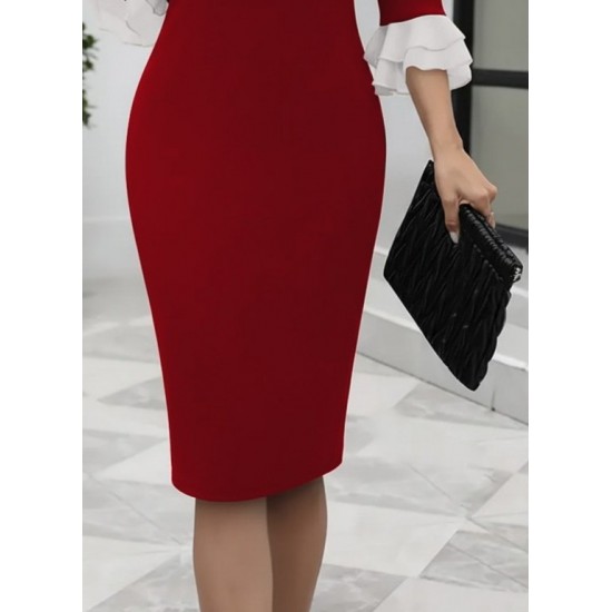 Kadın Truvakar Kollu Fiyonk Yakalı Midi Ithal Krep Elbise , 29415