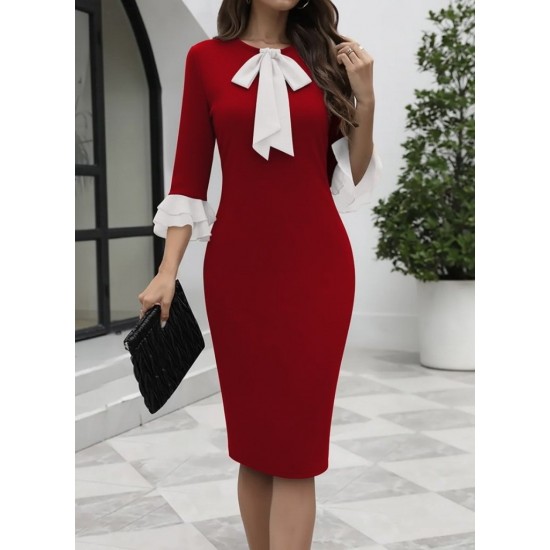 Kadın Truvakar Kollu Fiyonk Yakalı Midi Ithal Krep Elbise , 29415