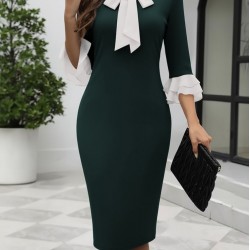 Kadın Truvakar Kollu Fiyonk Yakalı Midi Ithal Krep Elbise , 29414