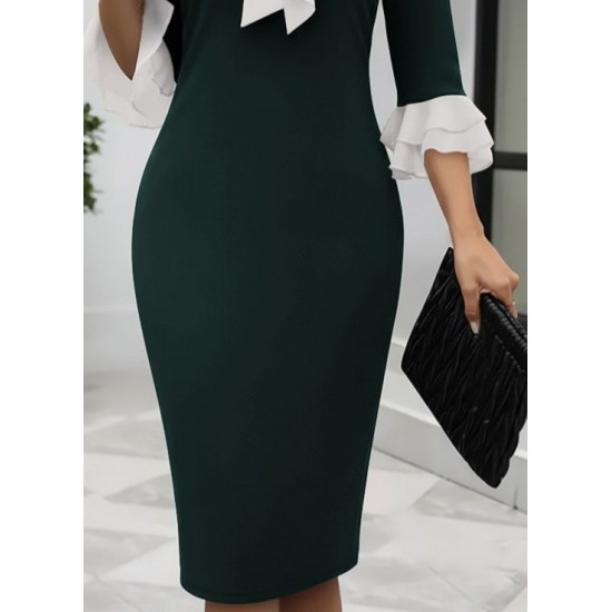 Kadın Truvakar Kollu Fiyonk Yakalı Midi Ithal Krep Elbise , 29414