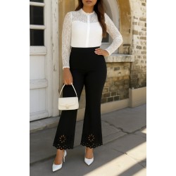 Kadın Yüksek Bel Paçaya Doğru Genişleyen Lazer çiçek Kesim Detaylı Ithal Krep Pantolon , 29428