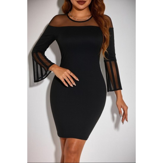 Kadın Uzun şeffaf şerit Kollu Madonna Yaka Vücudu Saran Dalgıç Kısa Elbise , 29442