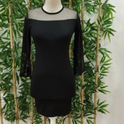 Kadın Uzun şeffaf şerit Kollu Madonna Yaka Vücudu Saran Dalgıç Kısa Elbise , 29442