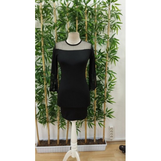 Kadın Uzun şeffaf şerit Kollu Madonna Yaka Vücudu Saran Dalgıç Kısa Elbise , 29442