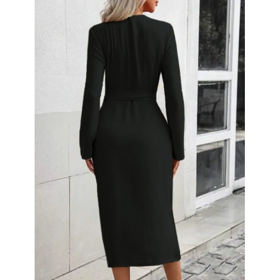 Kadın Uzun Kollu önden Düğmeli Beli Kuşaklı Aerobin Midi Elbise , 29439