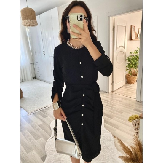 Kadın Uzun Kollu önden Düğmeli Beli Kuşaklı Aerobin Midi Elbise , 29439