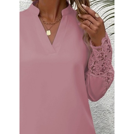 Kadın Uzun Kollu Hakim Yaka Kolları Dantel Detaylı Ithal Krep Bluz , 29435