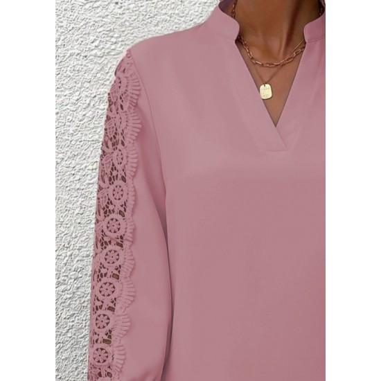 Kadın Uzun Kollu Hakim Yaka Kolları Dantel Detaylı Ithal Krep Bluz , 29435