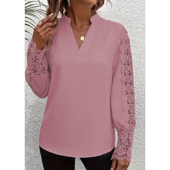 Kadın Uzun Kollu Hakim Yaka Kolları Dantel Detaylı Ithal Krep Bluz , 29435
