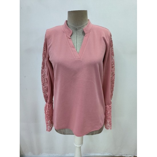 Kadın Uzun Kollu Hakim Yaka Kolları Dantel Detaylı Ithal Krep Bluz , 29435