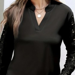 Kadın Uzun Kollu Hakim Yaka Kolları Dantel Detaylı Ithal Krep Bluz , 29434 Kadın Uzun Kollu Hakim Yaka Kolları Dantel Detaylı Ithal Krep Bluz , 29434