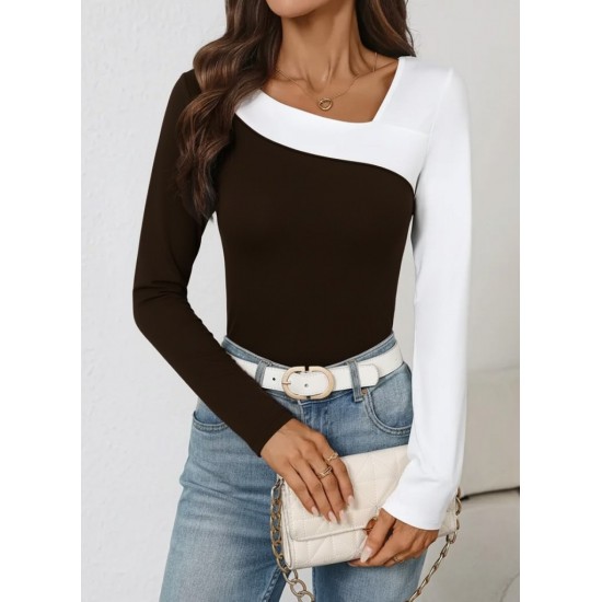 Kadın Uzun Kollu Geometrik Yaka Detaylı çift Renkli Viskon Bluz , 29445