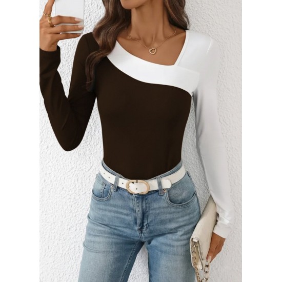 Kadın Uzun Kollu Geometrik Yaka Detaylı çift Renkli Viskon Bluz , 29445