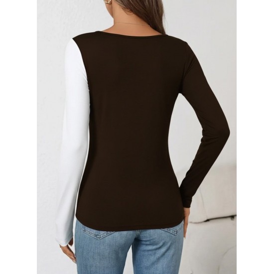 Kadın Uzun Kollu Geometrik Yaka Detaylı çift Renkli Viskon Bluz , 29445