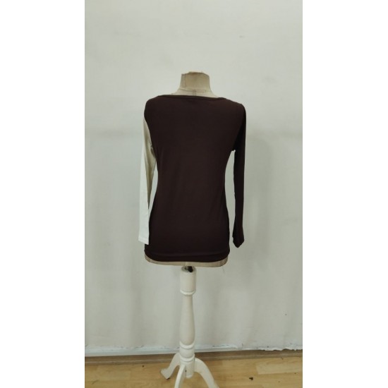 Kadın Uzun Kollu Geometrik Yaka Detaylı çift Renkli Viskon Bluz , 29445