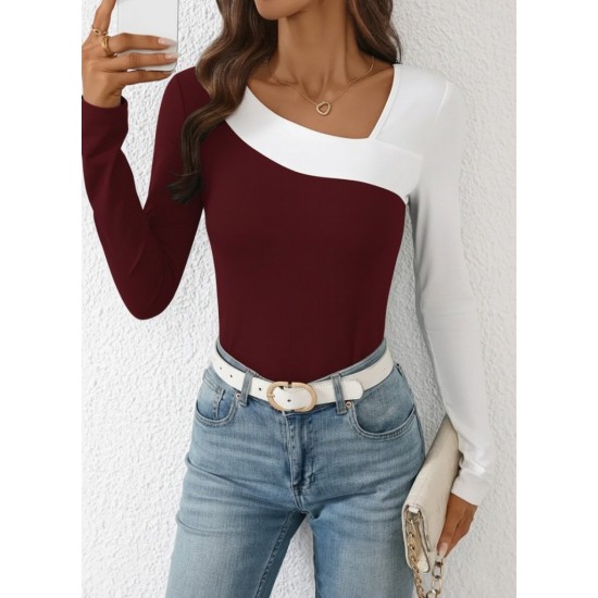 Kadın Uzun Kollu Geometrik Yaka Detaylı çift Renkli Viskon Bluz , 29443