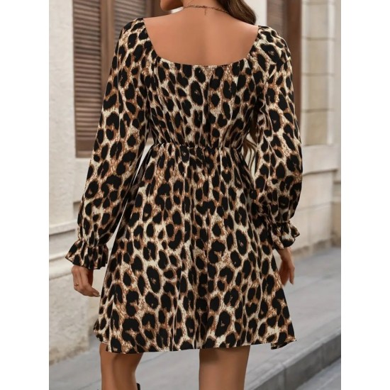 Kadın Uzun Kollu Kare Yakalı Leopar Modal Mini Elbise , 29456 Kadın Uzun Kollu Kare Yakalı Leopar Modal Mini Elbise , 29456