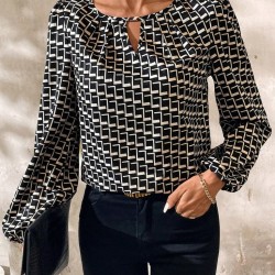 Kadın Uzun Kollu Damla Detaylı Yaka Desenli Süprem Bluz , 29457