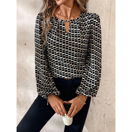 Kadın Uzun Kollu Damla Detaylı Yaka Desenli Süprem Bluz , 29457