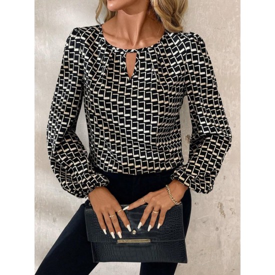 Kadın Uzun Kollu Damla Detaylı Yaka Desenli Süprem Bluz , 29457