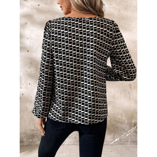 Kadın Uzun Kollu Damla Detaylı Yaka Desenli Süprem Bluz , 29457