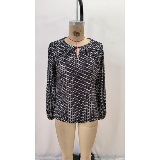 Kadın Uzun Kollu Damla Detaylı Yaka Desenli Süprem Bluz , 29457