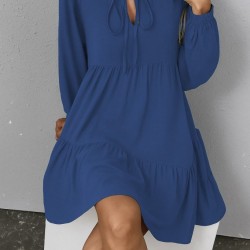 Kadın Uzun Kollu Yakadan Bağcıklı Fırfırlı Keten Mini Elbise , 29460