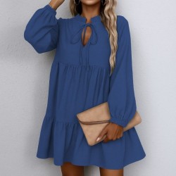 Kadın Uzun Kollu Yakadan Bağcıklı Fırfırlı Keten Mini Elbise , 29460 Kadın Uzun Kollu Yakadan Bağcıklı Fırfırlı Keten Mini Elbise , 29460