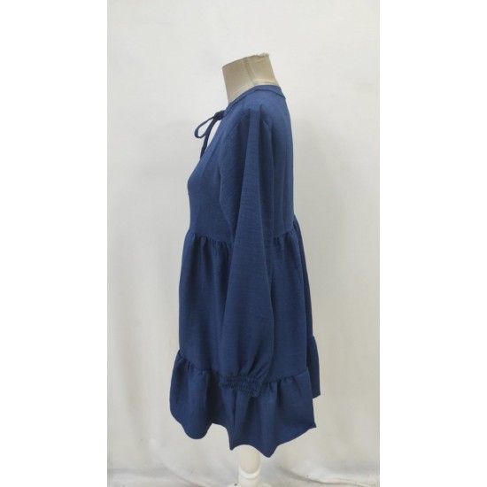 Kadın Uzun Kollu Yakadan Bağcıklı Fırfırlı Keten Mini Elbise , 29460 Kadın Uzun Kollu Yakadan Bağcıklı Fırfırlı Keten Mini Elbise , 29460