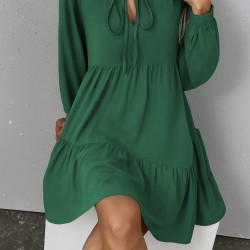 Kadın Uzun Kollu Yakadan Bağcıklı Fırfırlı Keten Mini Elbise , 29459