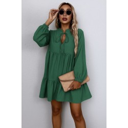 Kadın Uzun Kollu Yakadan Bağcıklı Fırfırlı Keten Mini Elbise , 29459 Kadın Uzun Kollu Yakadan Bağcıklı Fırfırlı Keten Mini Elbise , 29459