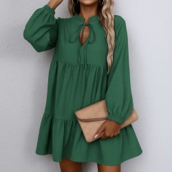 Kadın Uzun Kollu Yakadan Bağcıklı Fırfırlı Keten Mini Elbise , 29459 Kadın Uzun Kollu Yakadan Bağcıklı Fırfırlı Keten Mini Elbise , 29459