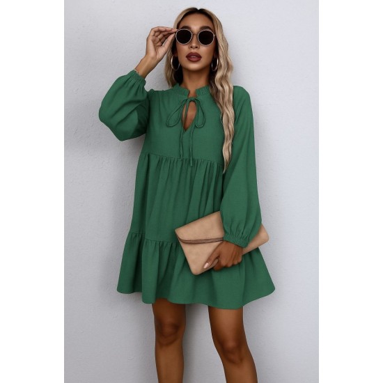 Kadın Uzun Kollu Yakadan Bağcıklı Fırfırlı Keten Mini Elbise , 29459 Kadın Uzun Kollu Yakadan Bağcıklı Fırfırlı Keten Mini Elbise , 29459