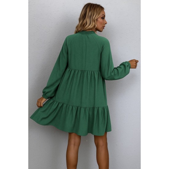Kadın Uzun Kollu Yakadan Bağcıklı Fırfırlı Keten Mini Elbise , 29459 Kadın Uzun Kollu Yakadan Bağcıklı Fırfırlı Keten Mini Elbise , 29459