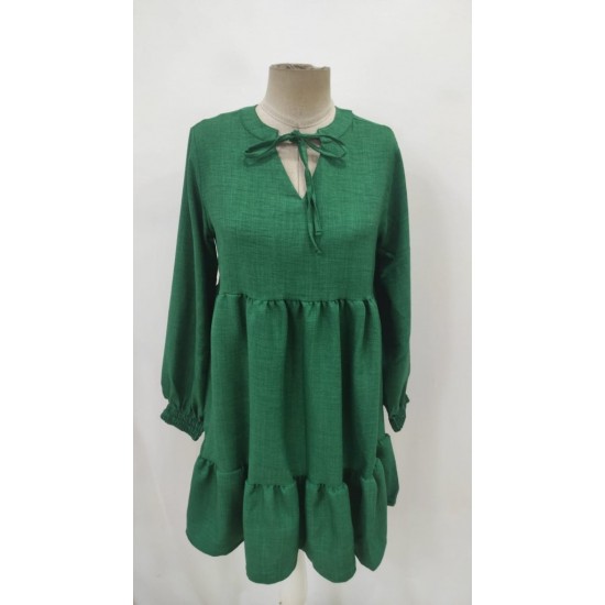 Kadın Uzun Kollu Yakadan Bağcıklı Fırfırlı Keten Mini Elbise , 29459 Kadın Uzun Kollu Yakadan Bağcıklı Fırfırlı Keten Mini Elbise , 29459