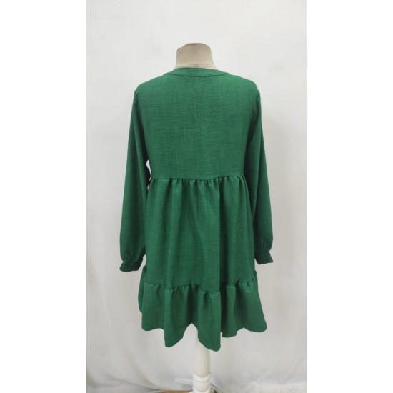 Kadın Uzun Kollu Yakadan Bağcıklı Fırfırlı Keten Mini Elbise , 29459 Kadın Uzun Kollu Yakadan Bağcıklı Fırfırlı Keten Mini Elbise , 29459